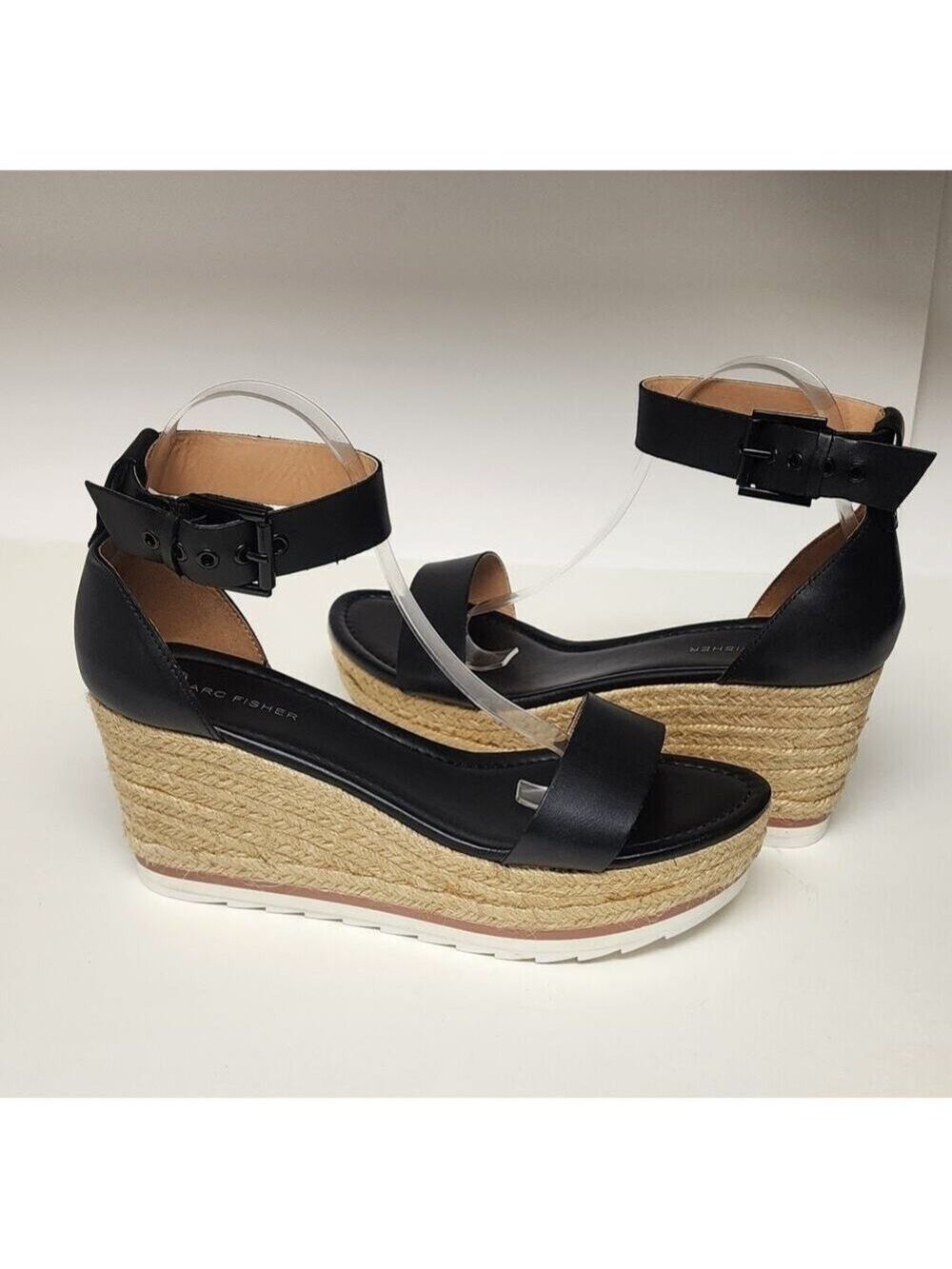Marc Fisher Leather Espadrille Wedges Zako Black Sandals Size 11M